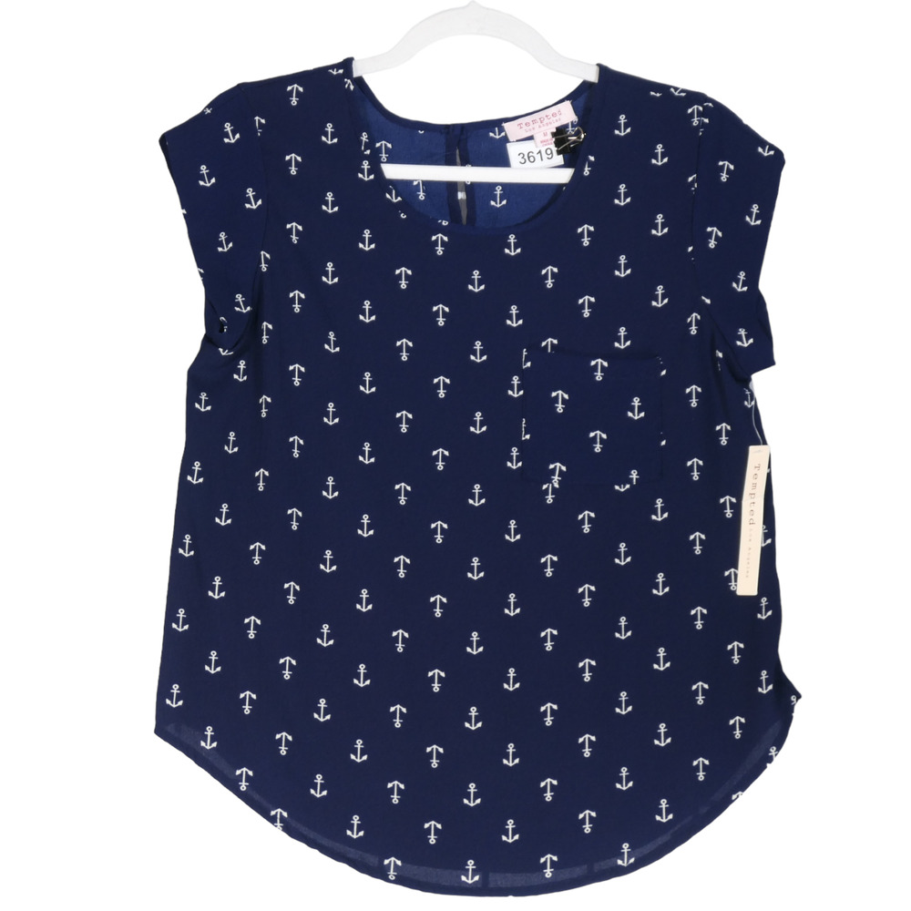 NEW Tempted Blouse Womens Medium Blue Nautical Anchors Cap Sleeve Pocket